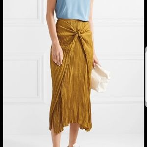 Vince Pleated Tie Front Midi Skirt Satin Mustard